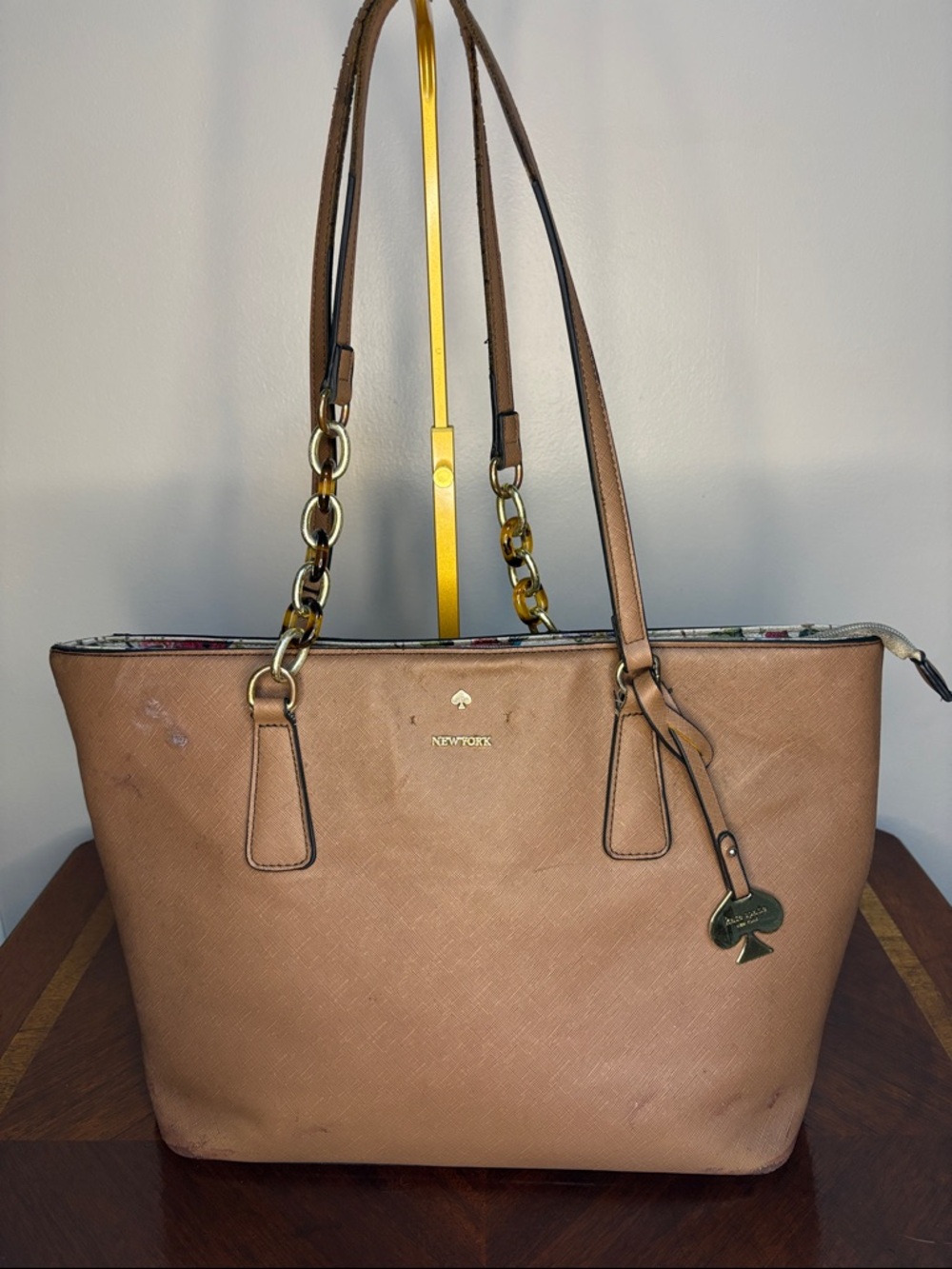 kate spade Tan Saffiano Leather Tote with Chain-Strap Accents (rehab bag)